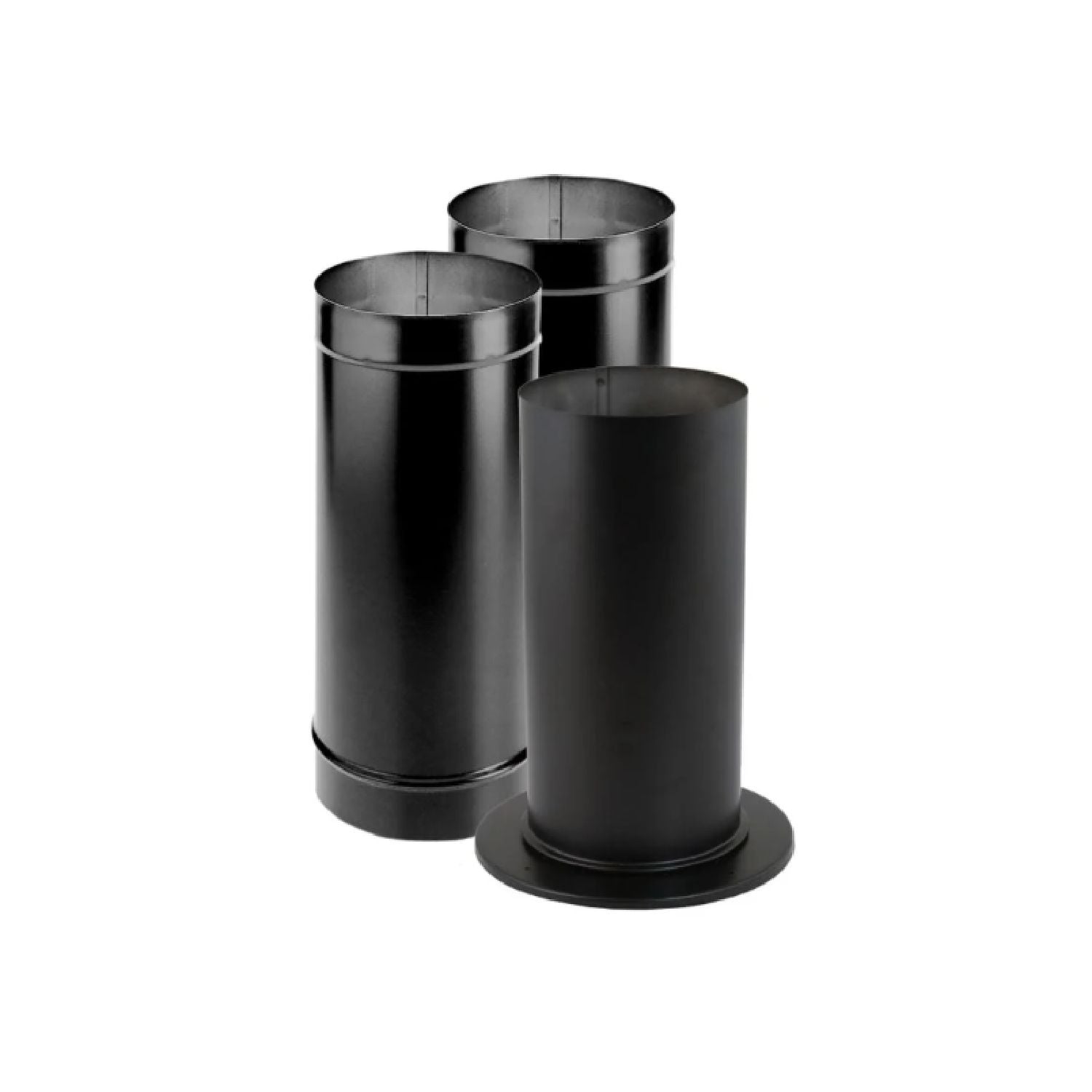 Black single-wall stovepipe sections with flared ends, metal chimney pipe