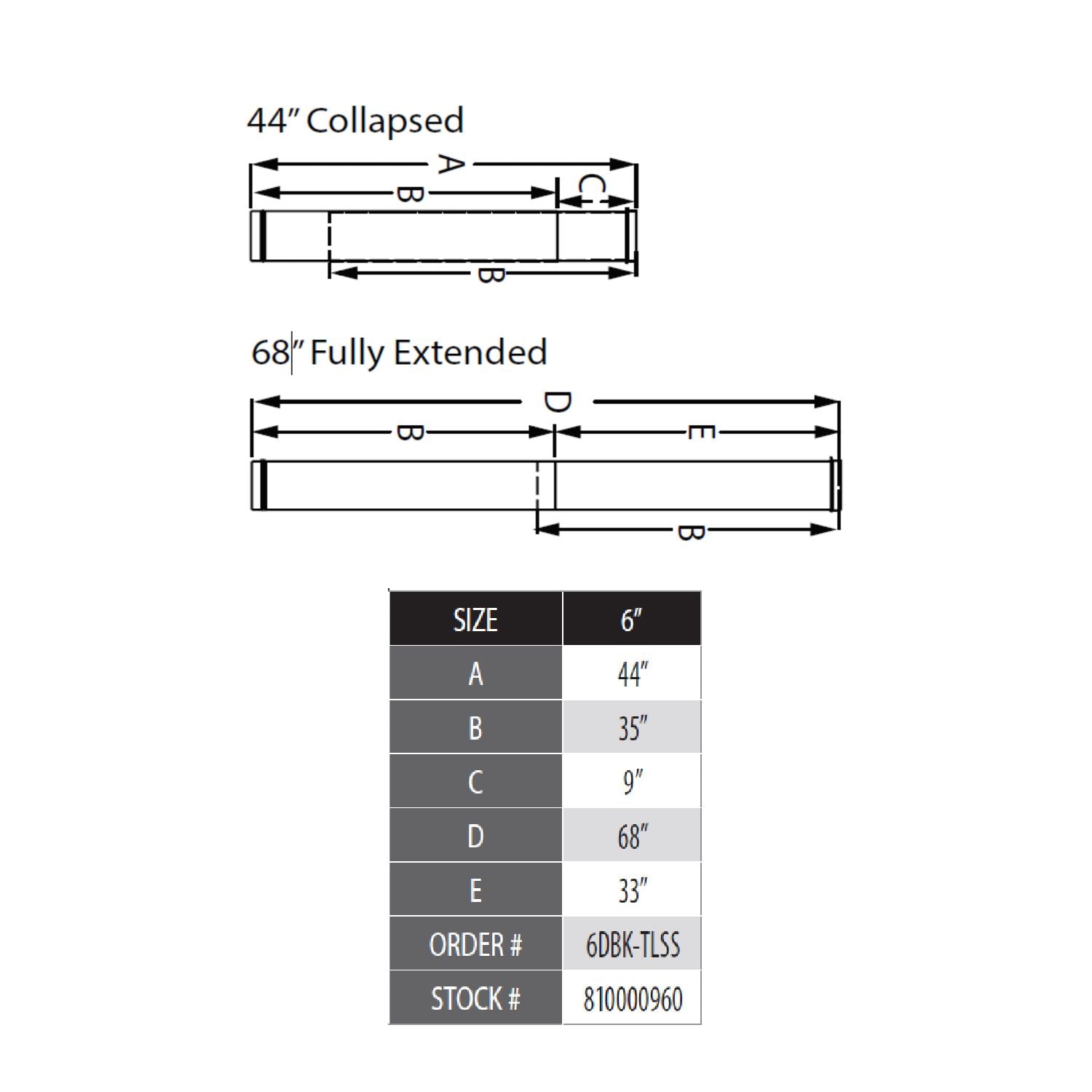 Telescoping vent length dimension diagram: 44 in collapsed to 68 in extended