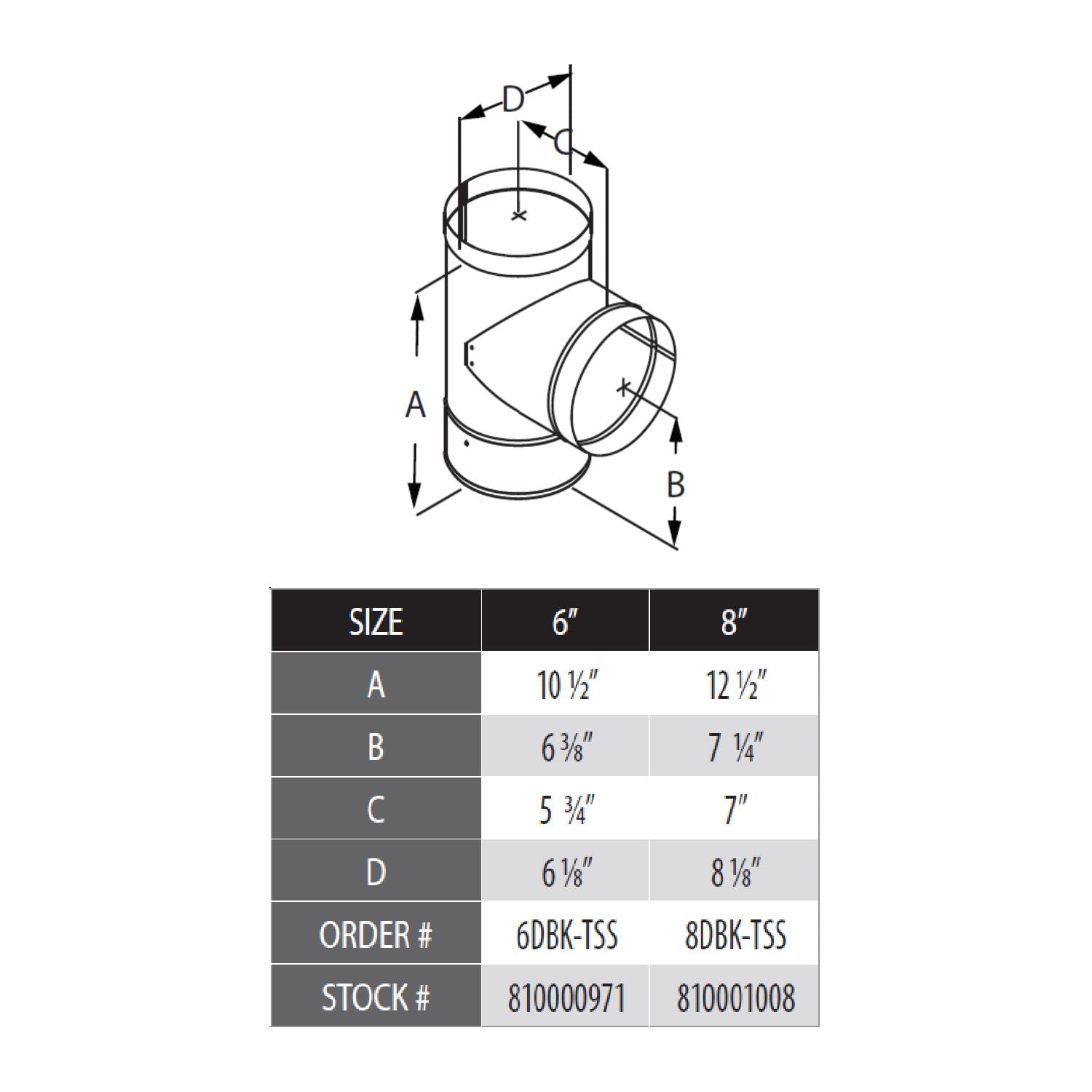 DuraBlack stainless steel tee with clean-out cap; size chart diagram with 6 in and 8 in