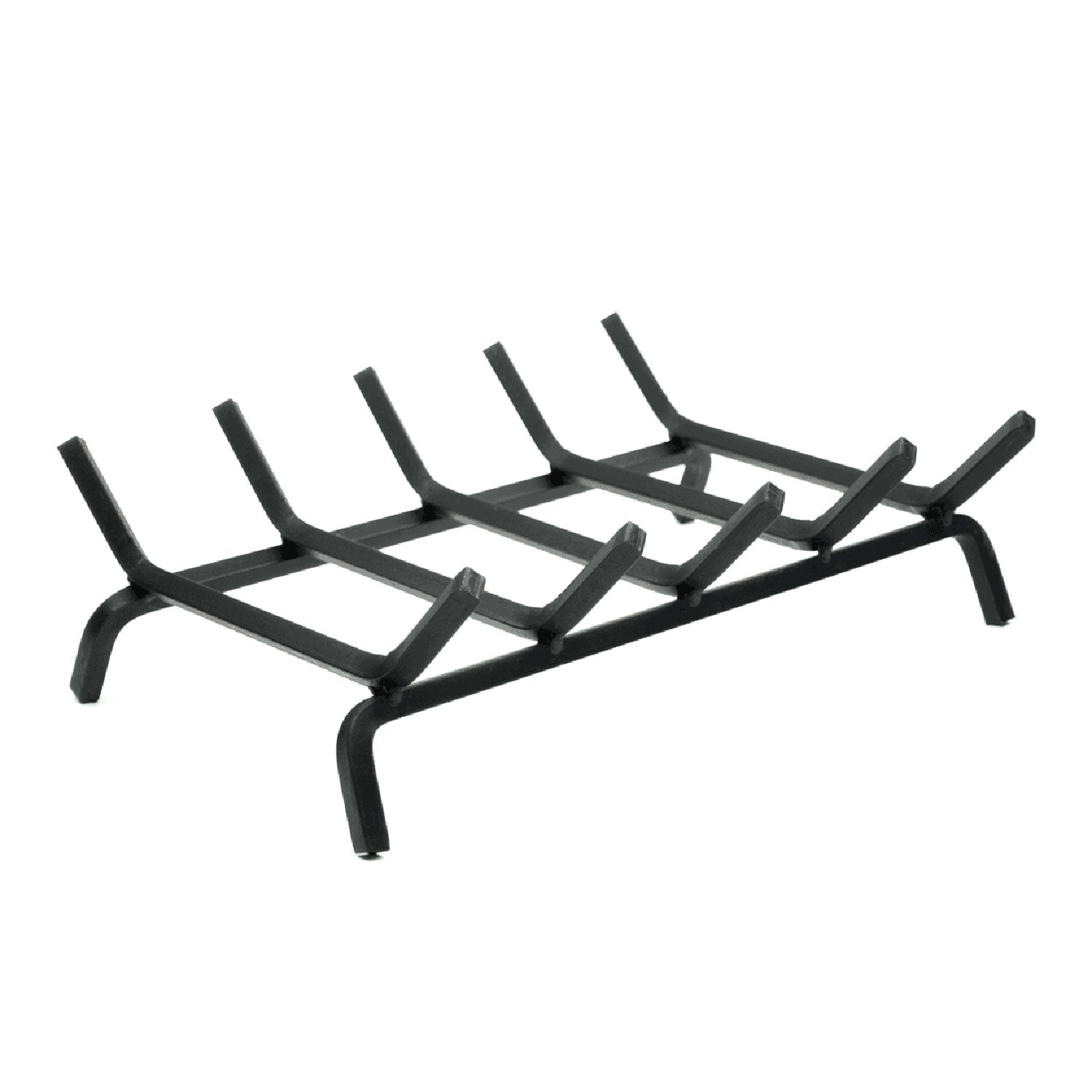 Black metal gas log grate with curved prongs and four support feet