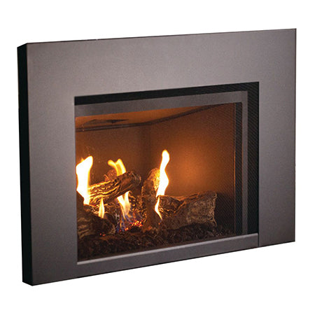 Gas fireplace insert with black frame and glowing flames, featuring aged oak logs