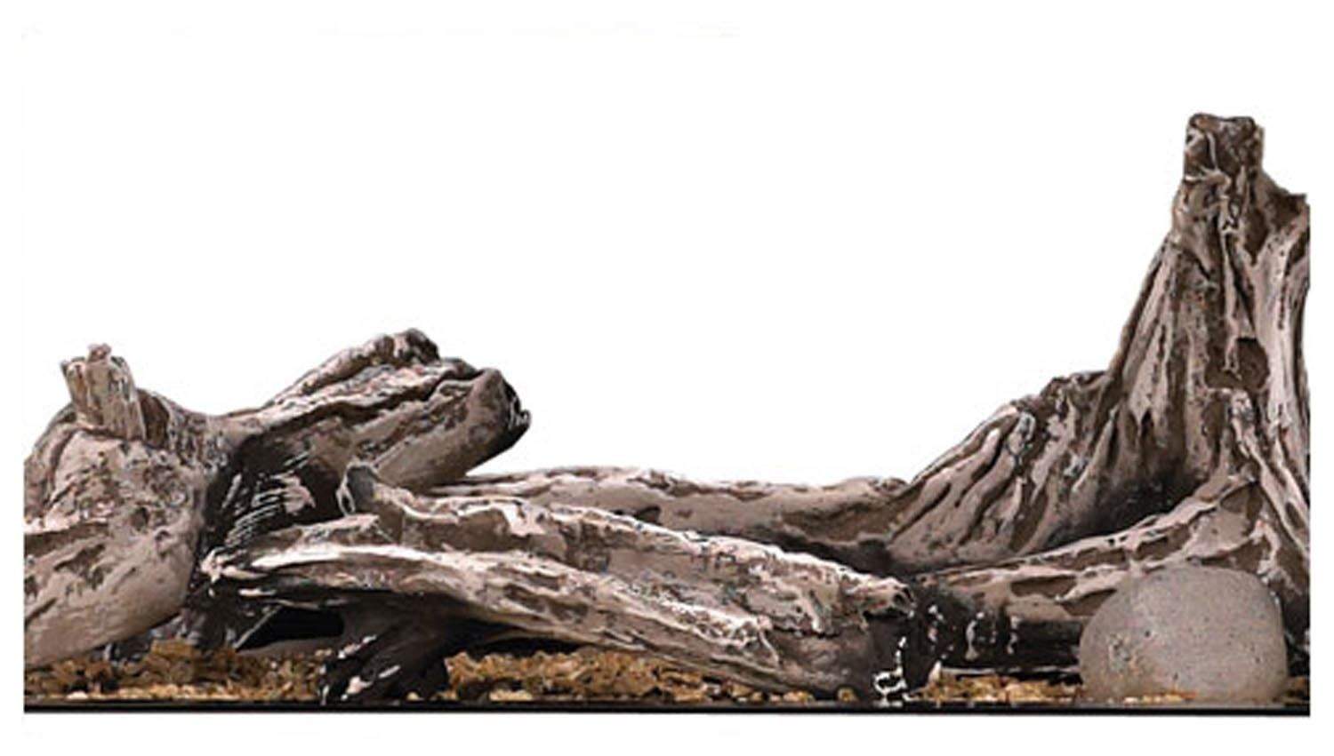 Faux driftwood log set with river rocks, gray-brown logs and stones
