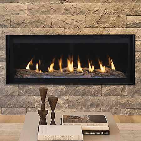 Linear gas fireplace with black frame and visible flames in rectangular firebox
