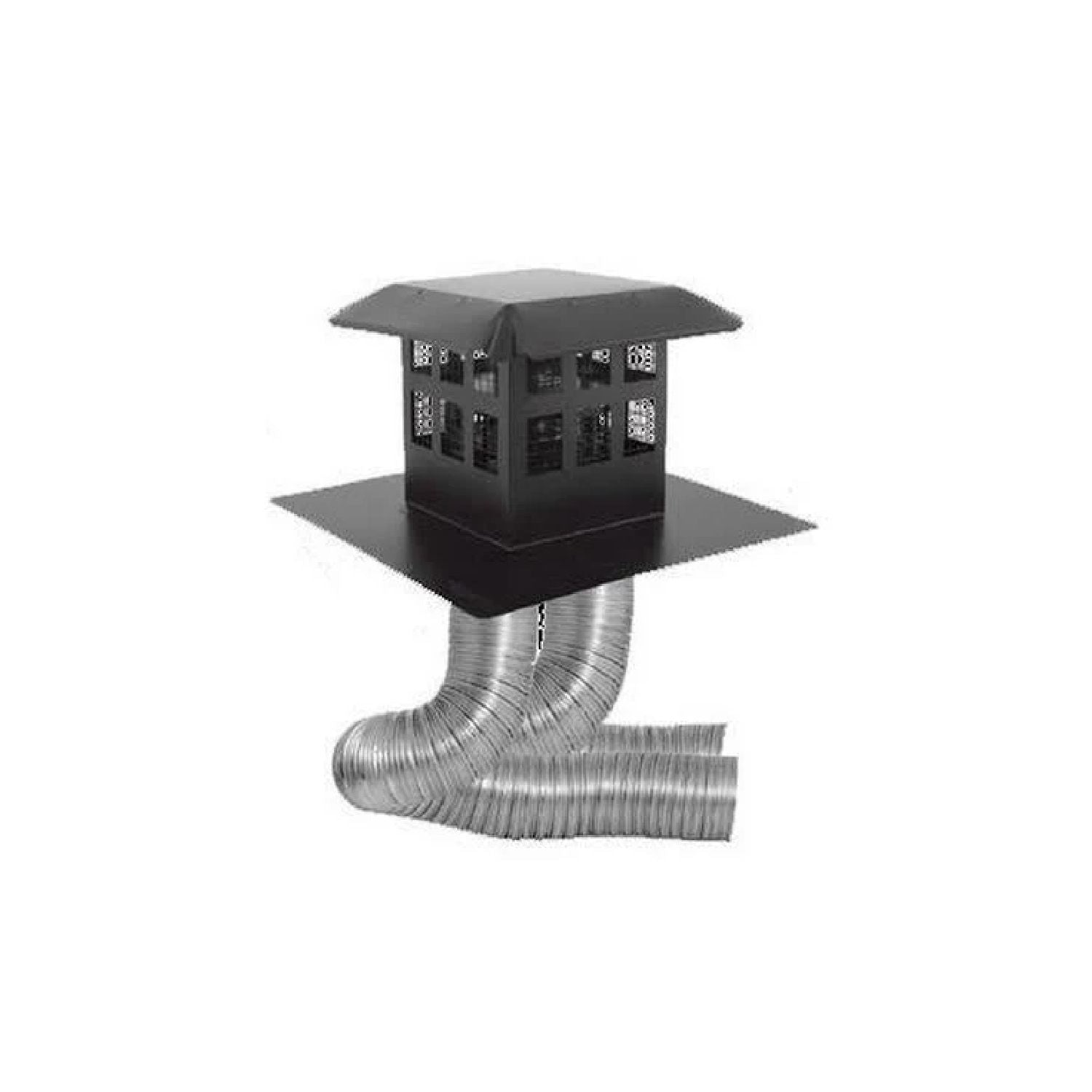 DirectVent termination cap with flexible metal vent pipe, dark housing and silver duct