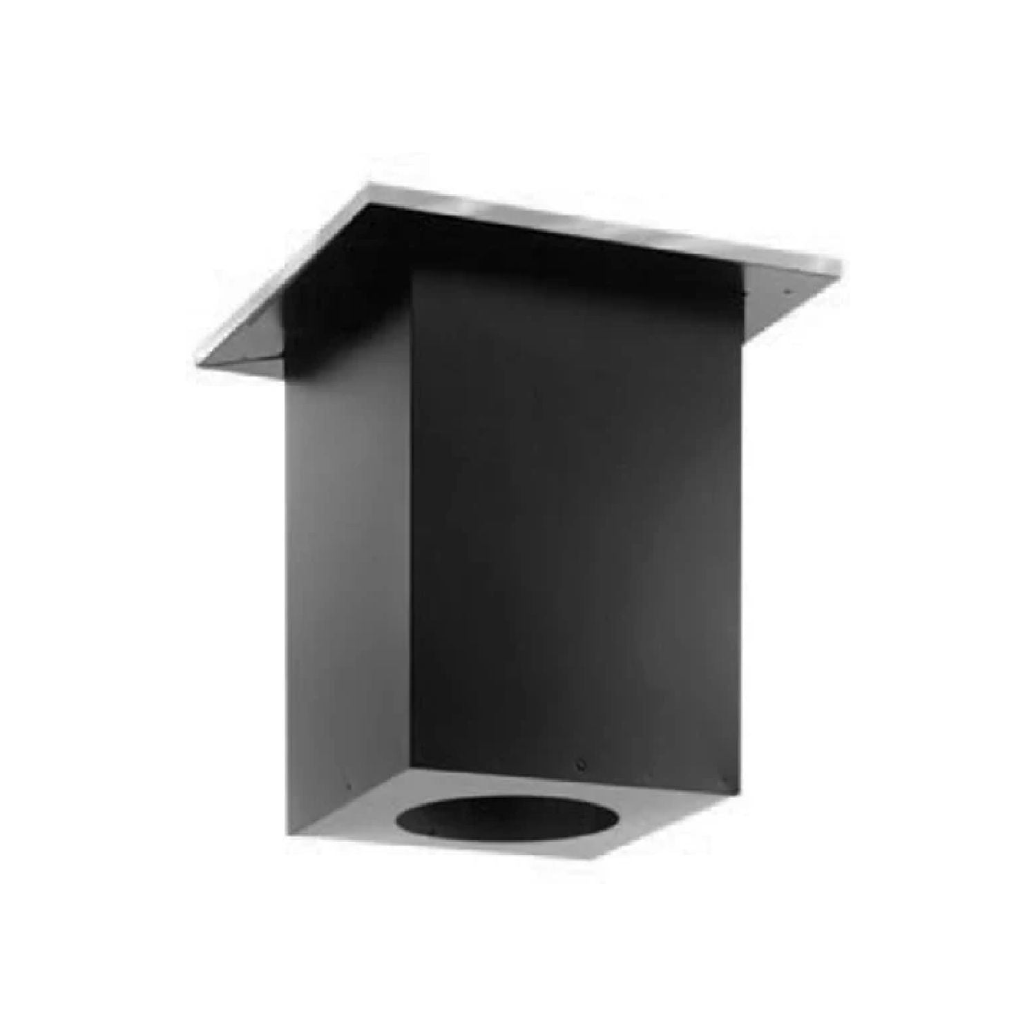 Cathedral ceiling support box for DirectVent pipe, matte black with round outlet