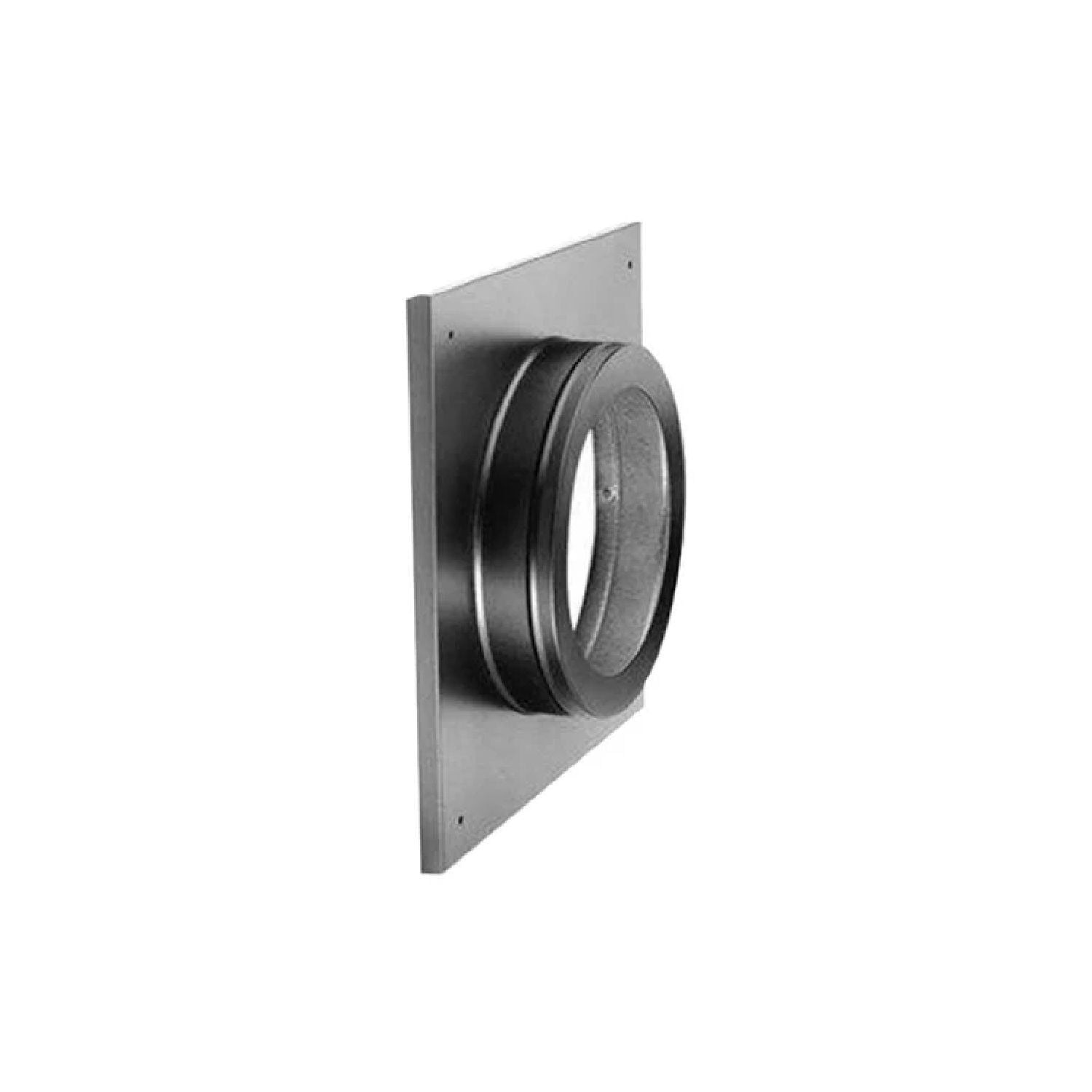 DuraVent thimble cover with round flue opening and flat metal mounting plate, gray
