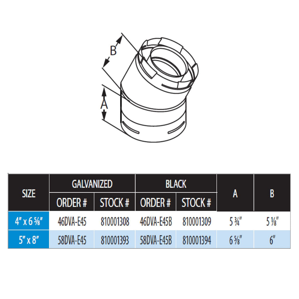 45-degree flue elbow diagram with size table for galvanized and black options