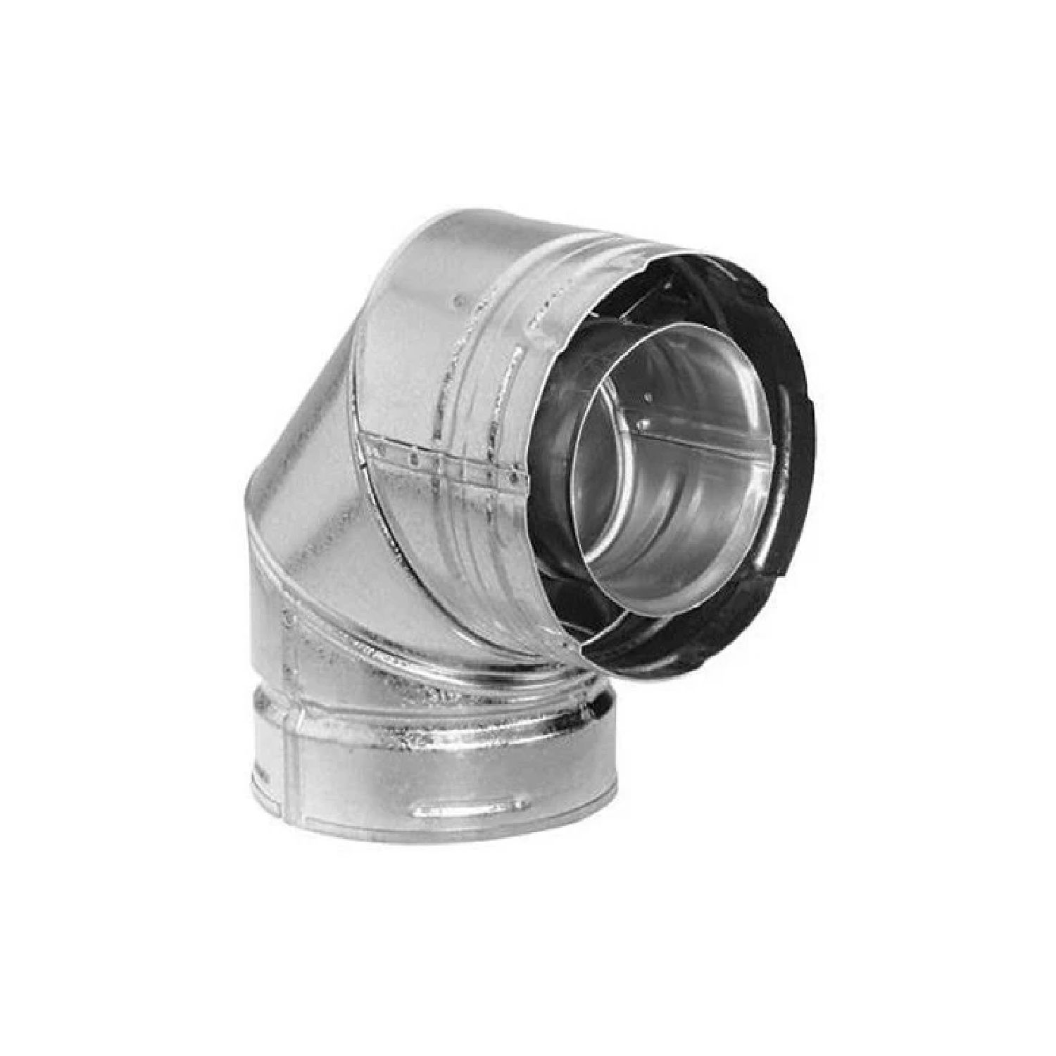 Galvanized steel 90° vent elbow with black coupling ring, flanged two-piece ends