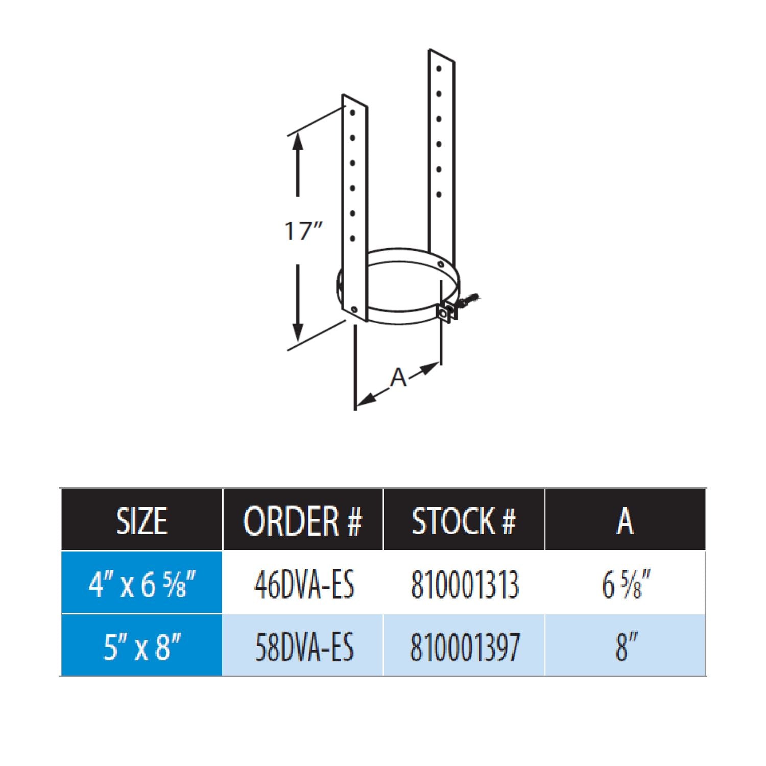 Metal elbow strap diagram with 17 in height and size table