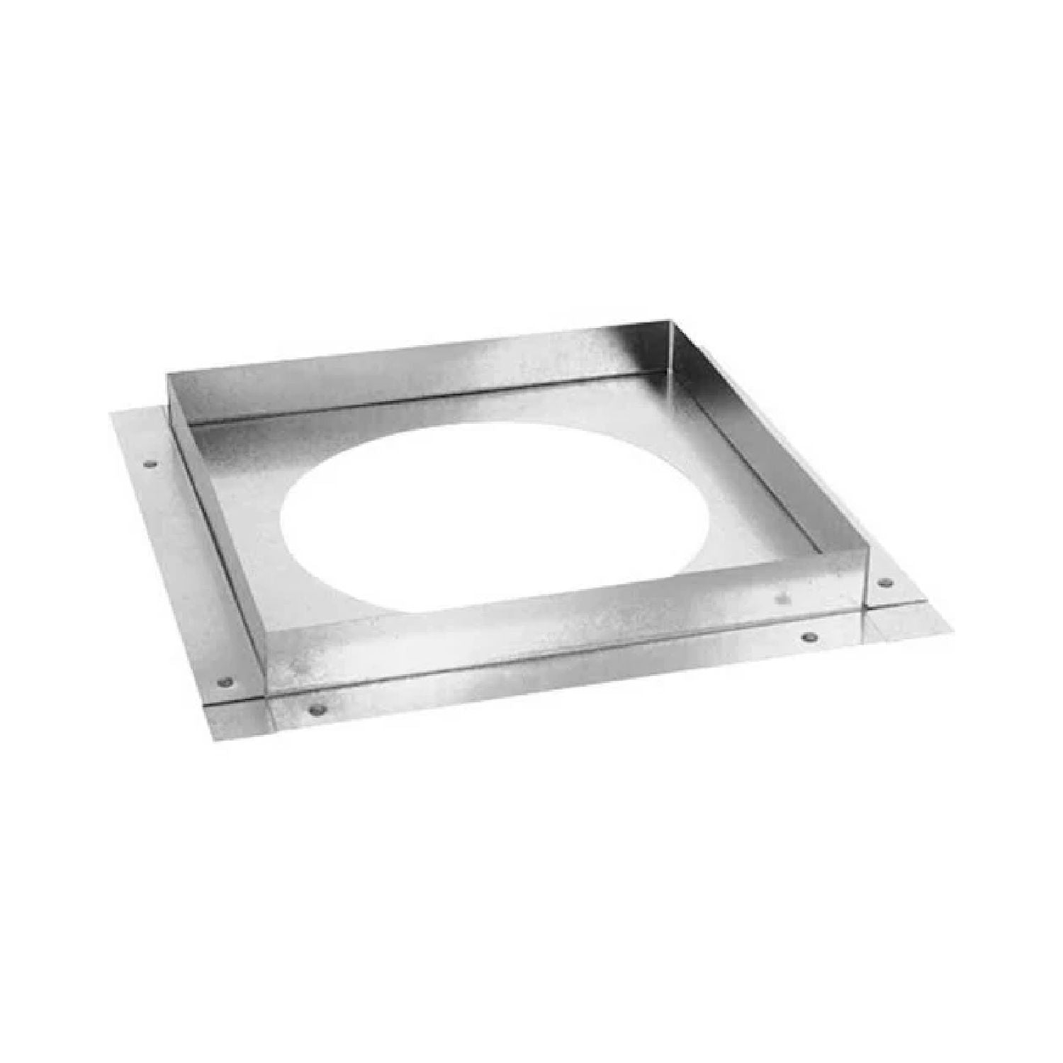 Metal ceiling firestop box with round flue opening and mounting holes, square frame