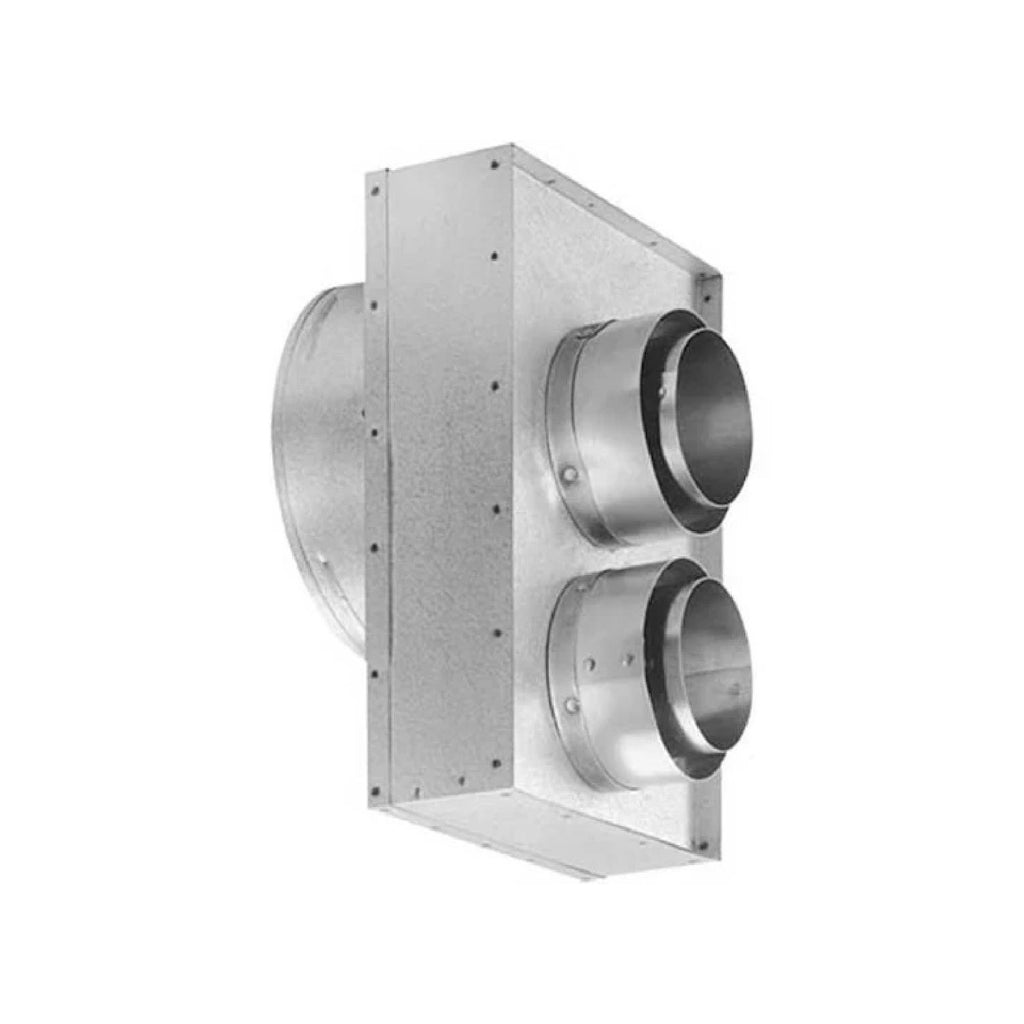 Metal appliance vent connector with two round flue outlets on rectangular plate