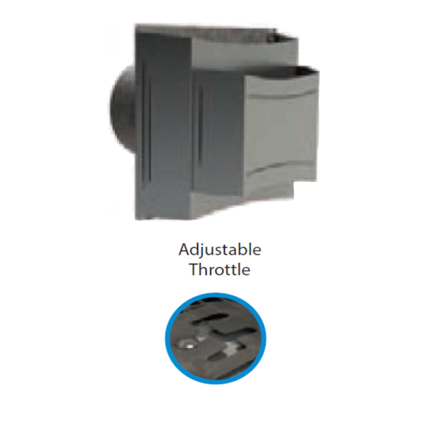 Horizontal vent termination cap with adjustable throttle opening, dark gray and light gray side panel