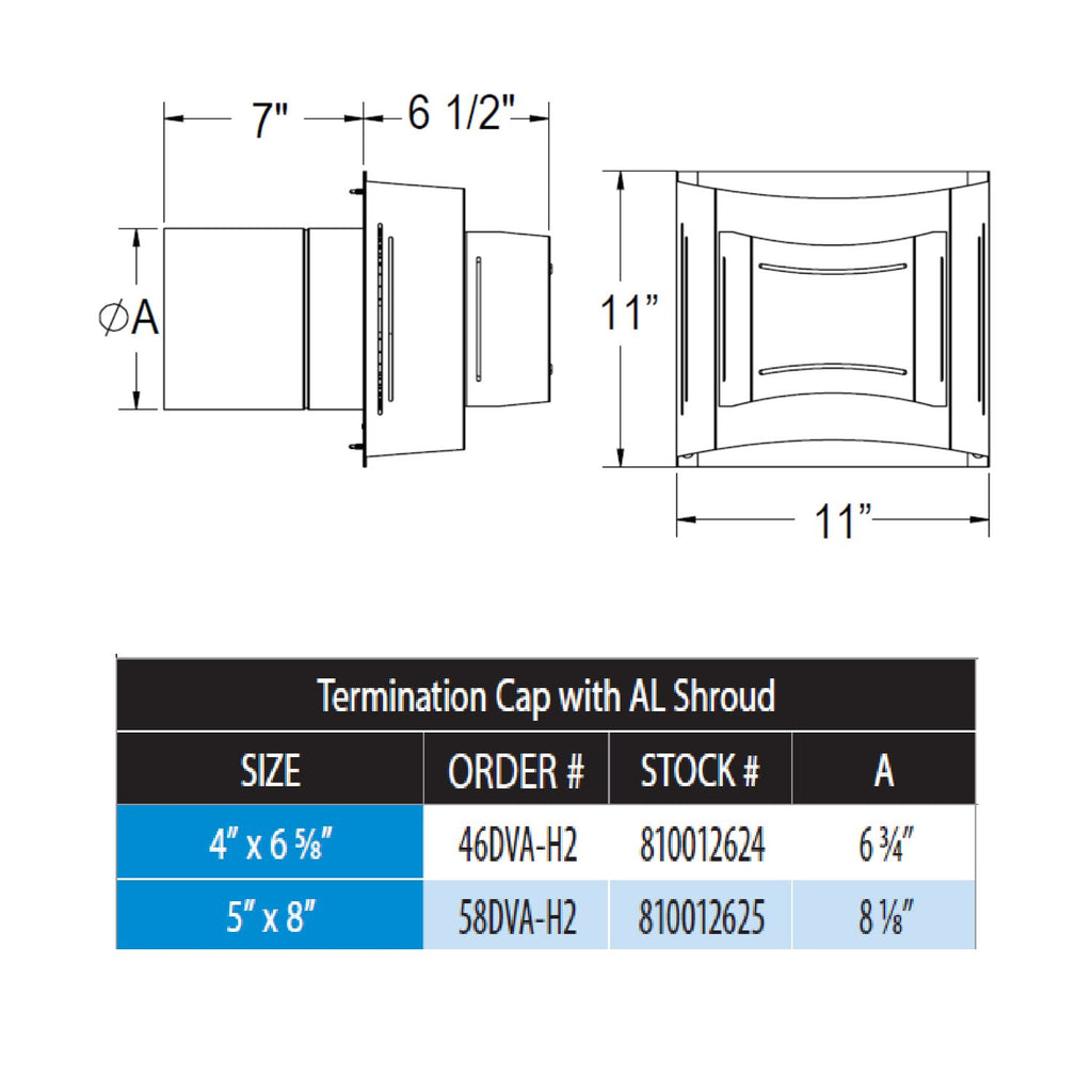 DirectVent horizontal termination cap dimensional diagram with side and front views and size chart