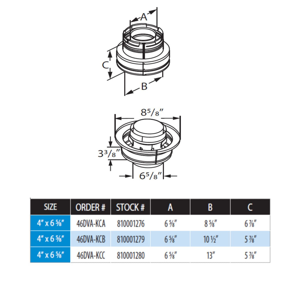 Chimney conversion kit dimensional diagram of flanged 4x6-5/8 vent coupling
