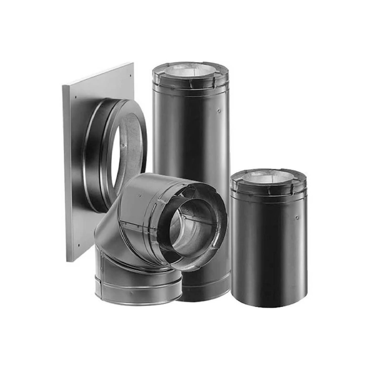 Horizontal vent termination kit with metal pipe sections and wall plate