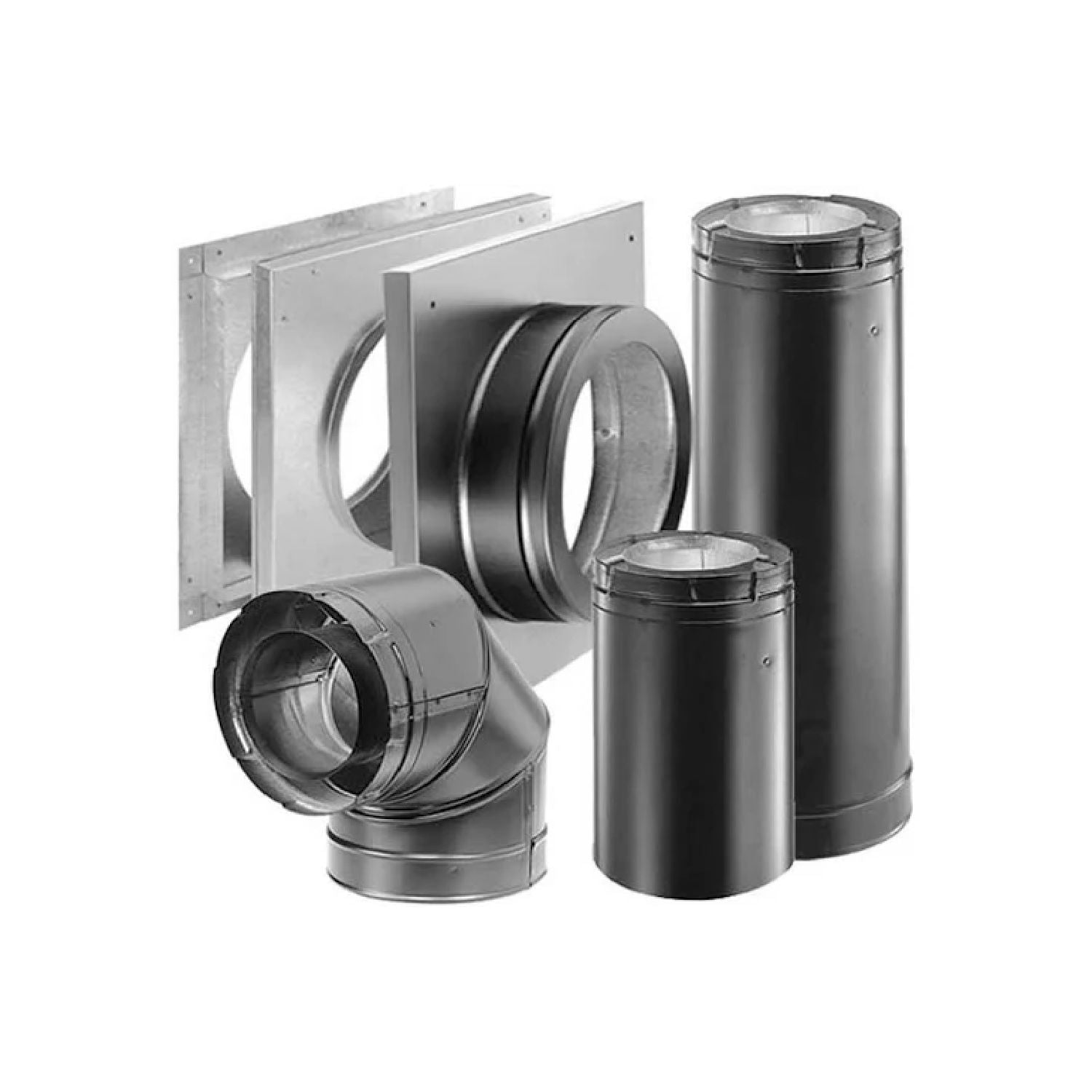 Horizontal termination kit with black and silver metal vent pipe sections