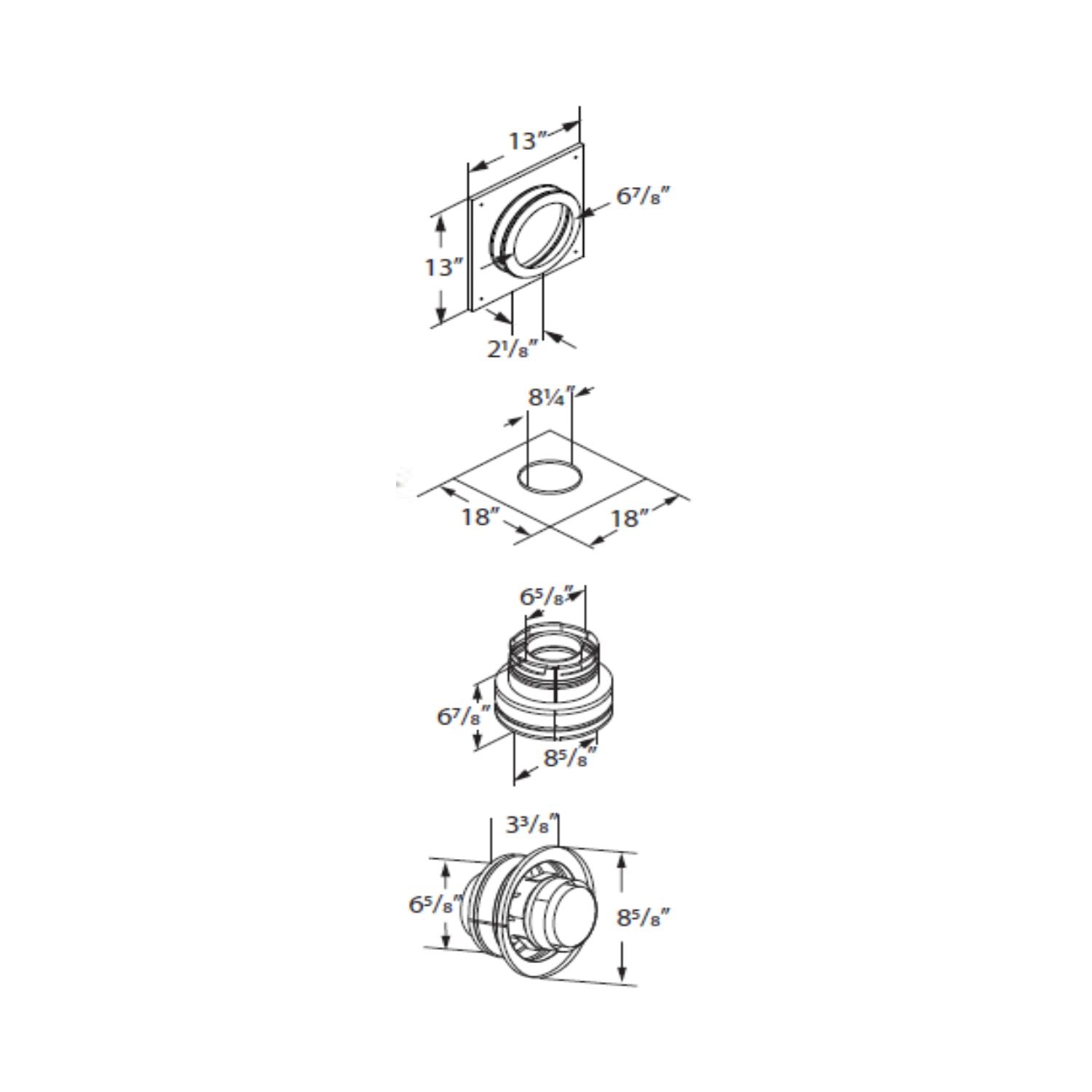 Chimney conversion kit technical diagram with labeled measurements and parts