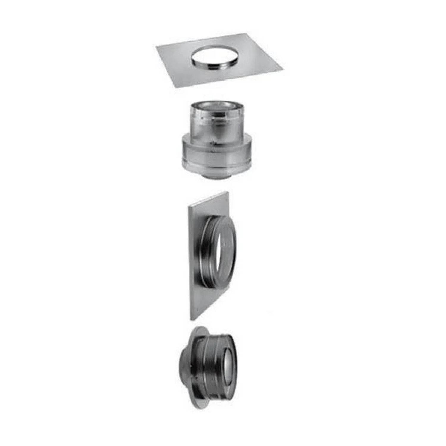 Chimney conversion kit with metal flue pipe sections and wall support plate