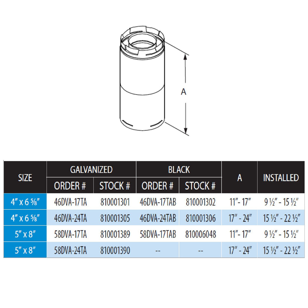 Adjustable vent pipe diagram with height arrows and installation range table