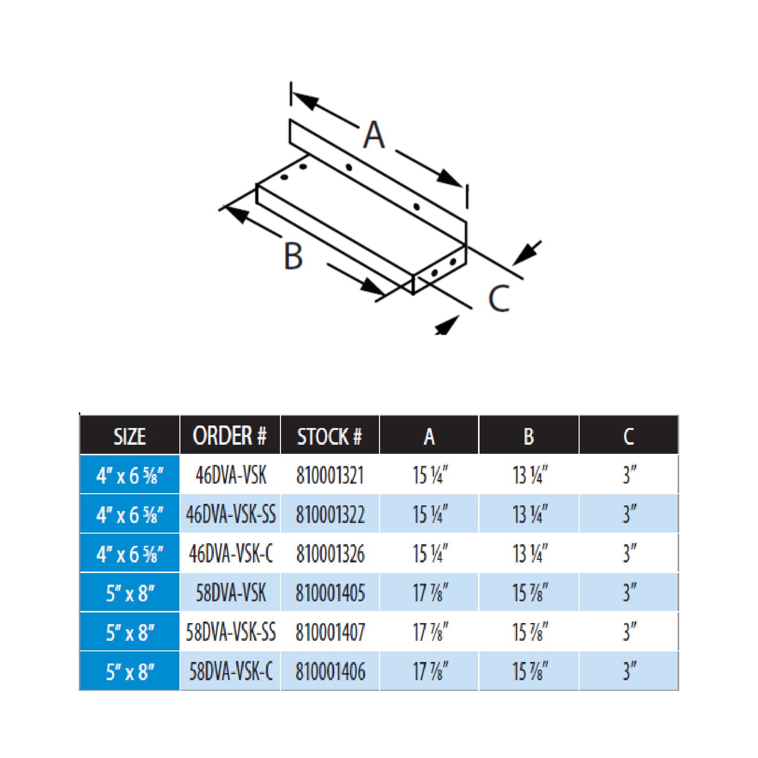 Standoff kit parts diagram with labeled dimensions and size order chart