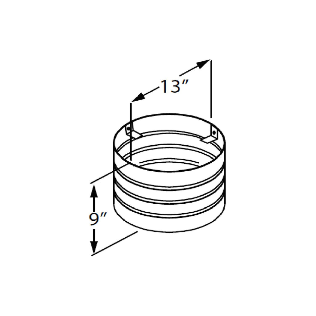 Vertical windguard diagram with 13" outer diameter and 9" height, cylindrical rings