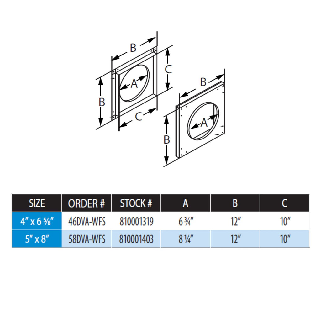 DuraVent wall firestop diagram with sizes 4x6 5x8 and dimension labels A, B, C