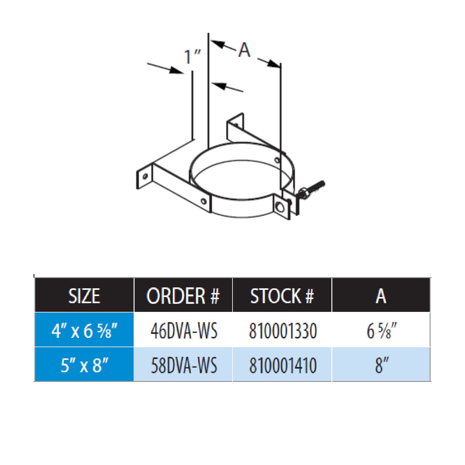 Wall strap with circular support ring and brackets, shown with size and A dimension markings