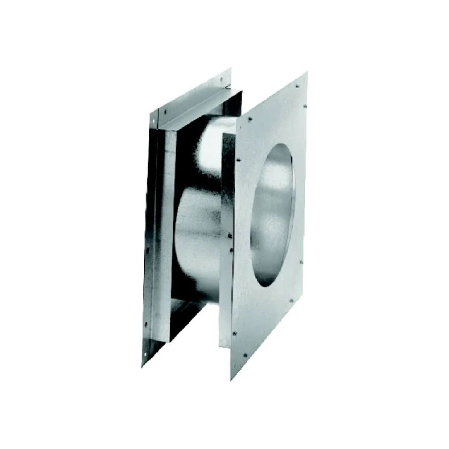 Metal wall thimble with round flue opening and mounting flanges, silver finish