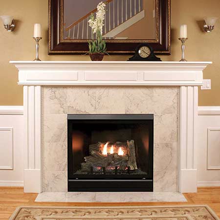 Marble surround direct vent gas fireplace with black clean-face firebox and visible flames