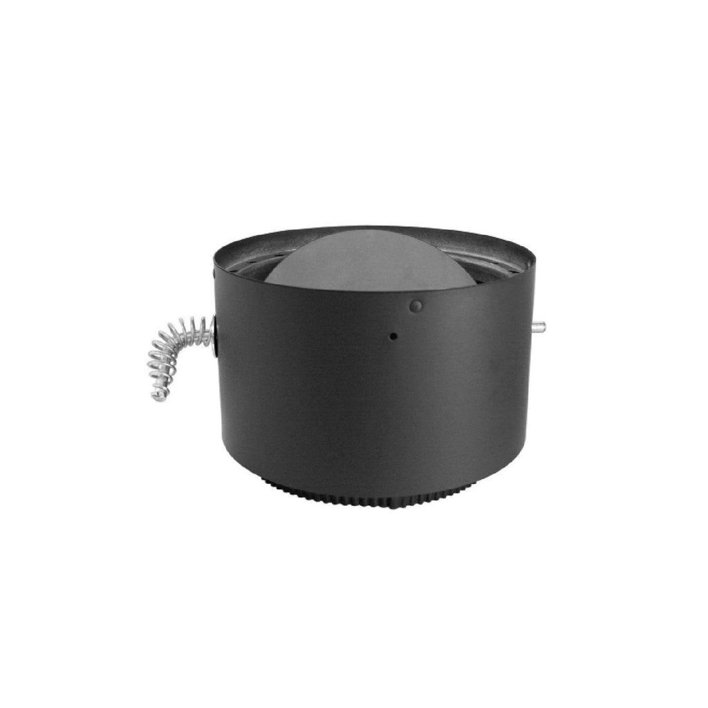 DuraVent DVL adapter, dark metal cylindrical coupling with coil spring and screw tab