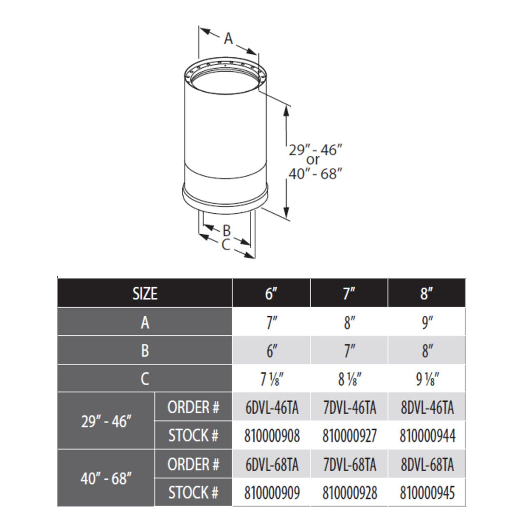 Telescoping vent pipe diagram with 8-inch sizing and length range
