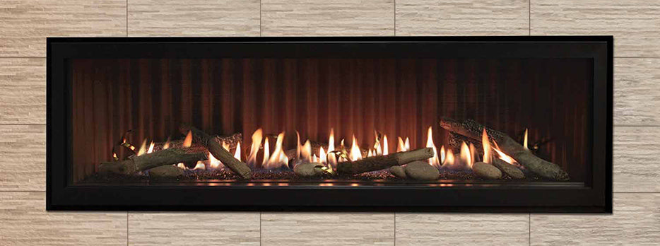 60-inch linear direct vent fireplace with visible flames in a dark frame