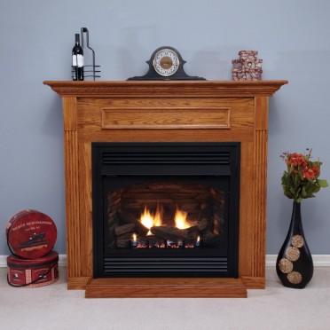 Wood fireplace mantel cabinet with shelf and dark firebox insert opening