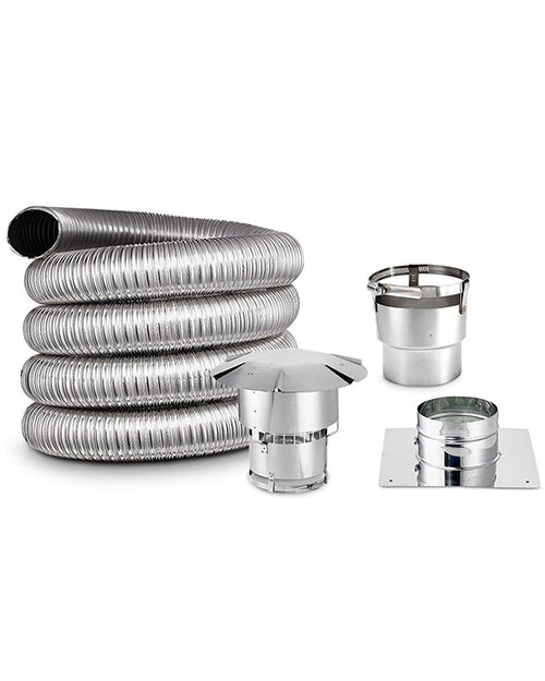 Horizontal direct vent starter kit with coiled corrugated metal pipe and vent adapters