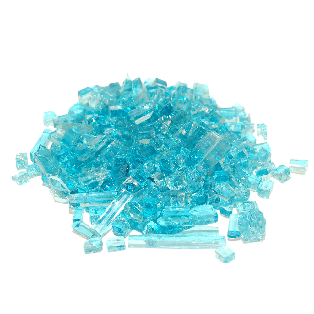 Blue teal translucent fire glass crystals, small cube pieces in a pile