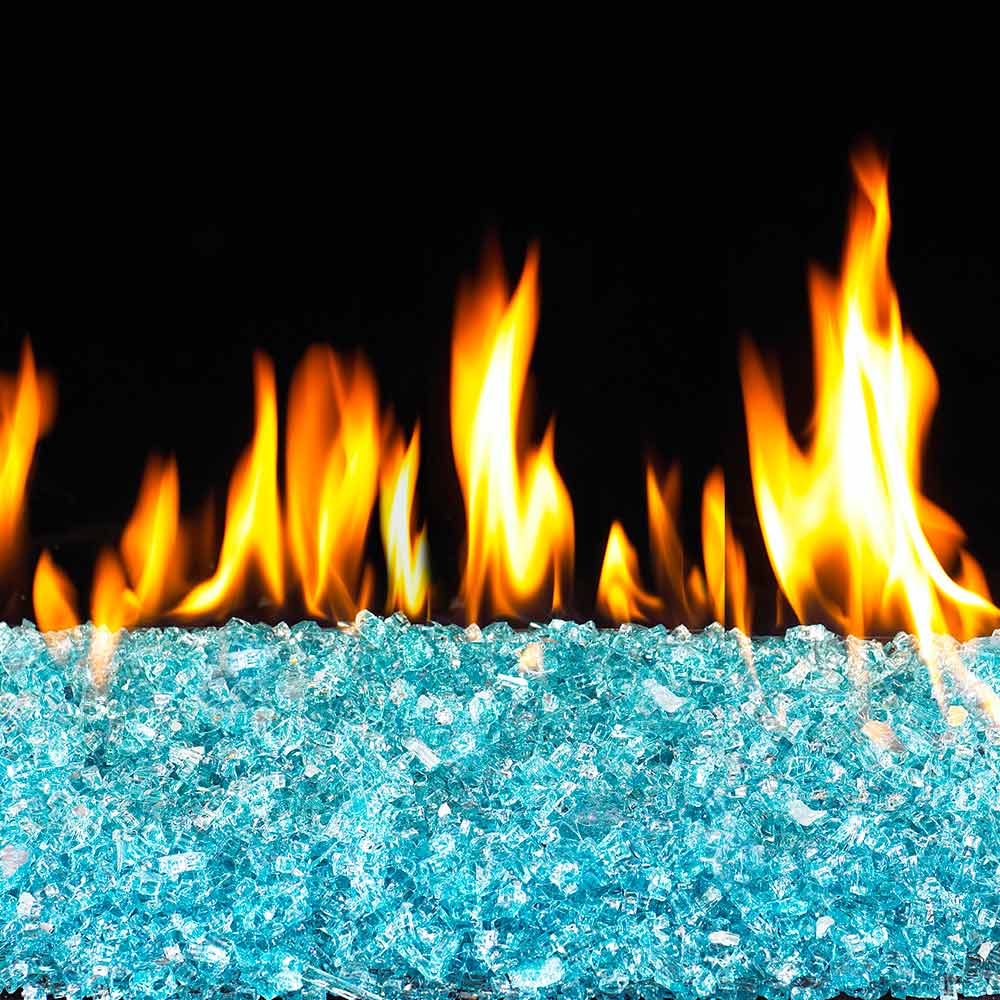 Blue fire glass bed with flames rising for decorative fire pit visuals