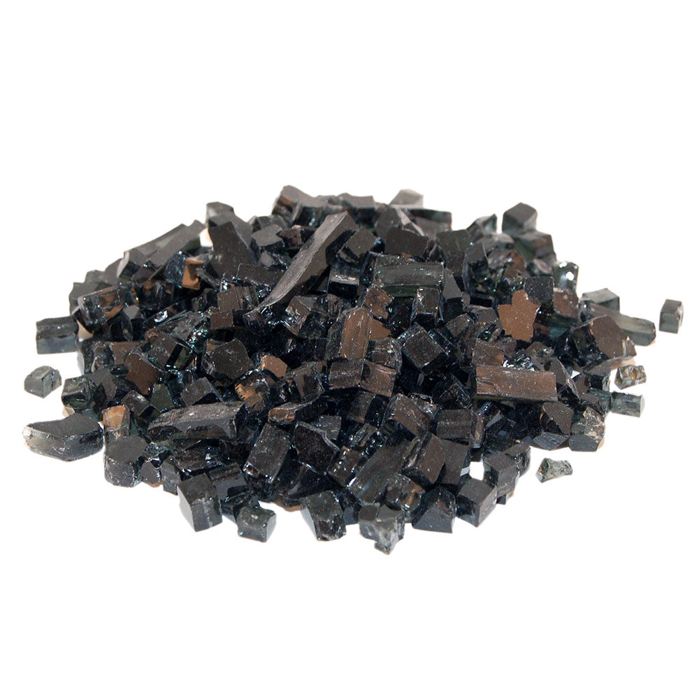 Black crushed fire glass showing its irregular texture