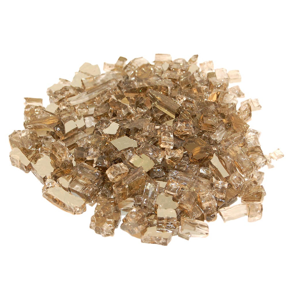 Bronze reflective fire glass, small square shards in a loose pile