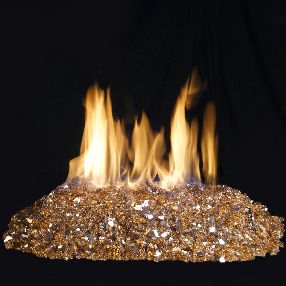 Copper reflective fire glass with visible flames, glittery stone bed