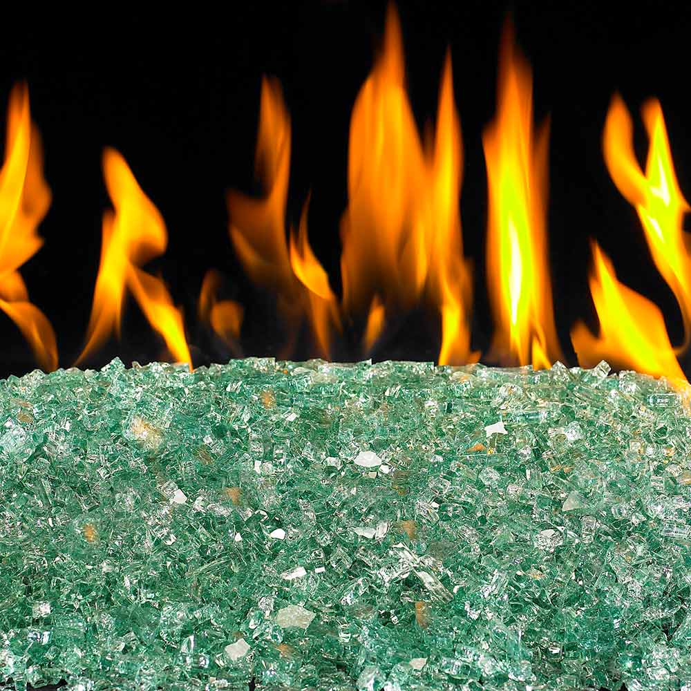 Real Fyre emerald fire glass: green crushed glass shards with fire flames behind