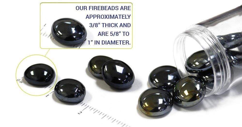 Fire glass beads with size gauge, dark glossy oval beads in clear container