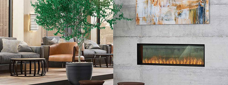 Built-in black electric fireplace with glowing flame effect inset in a wall