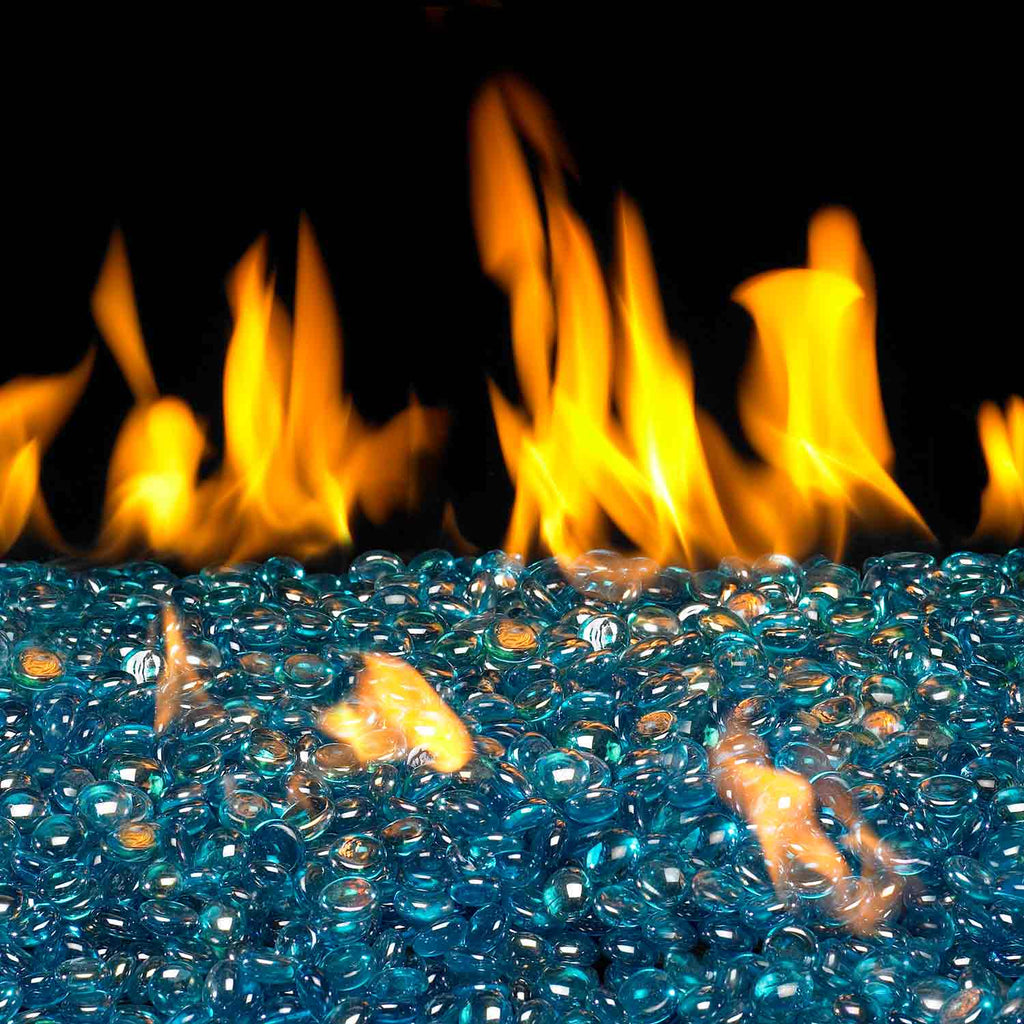 Teal blue fire glass gems with visible flames