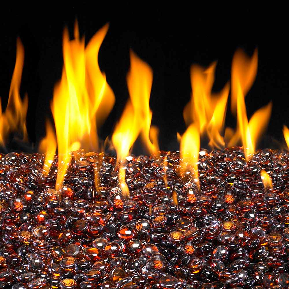 Fireplace flames over dark brown and amber fire gems