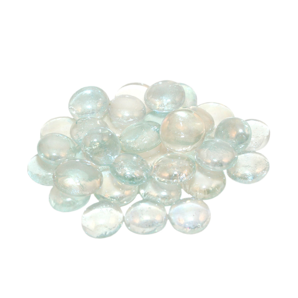 Glacier-style glass fire gems: round translucent stones, light blue and clear