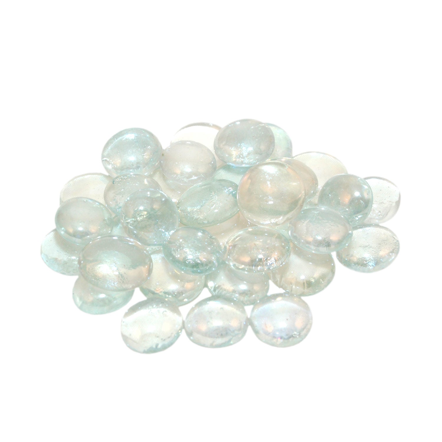 Glacier-style glass fire gems: round translucent stones, light blue and clear