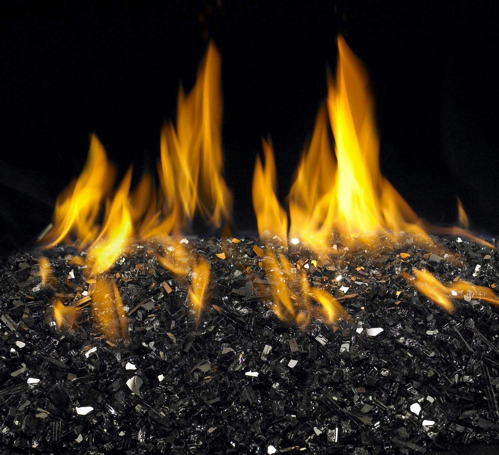 Vent-free glass burner with yellow flames over black crushed glass media