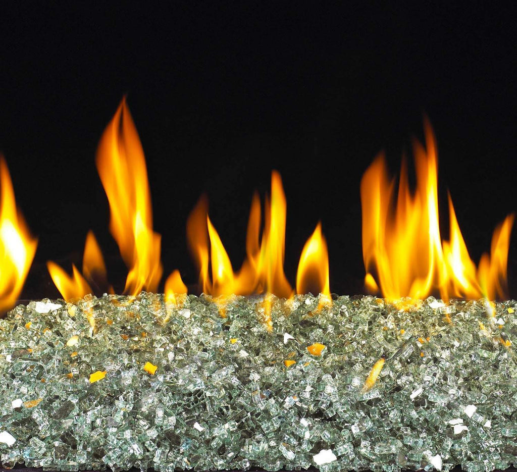 Gas glass burner flames over shimmering gray reflective media