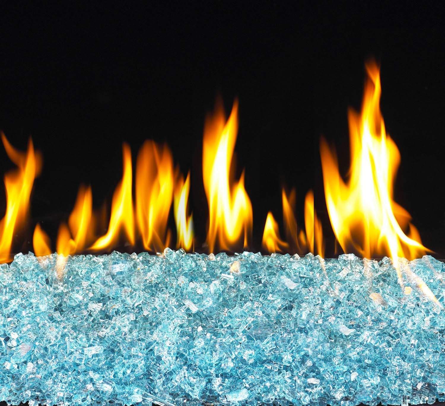 Vented glass burner kit with blue glass burner bed and orange flame jets along the top
