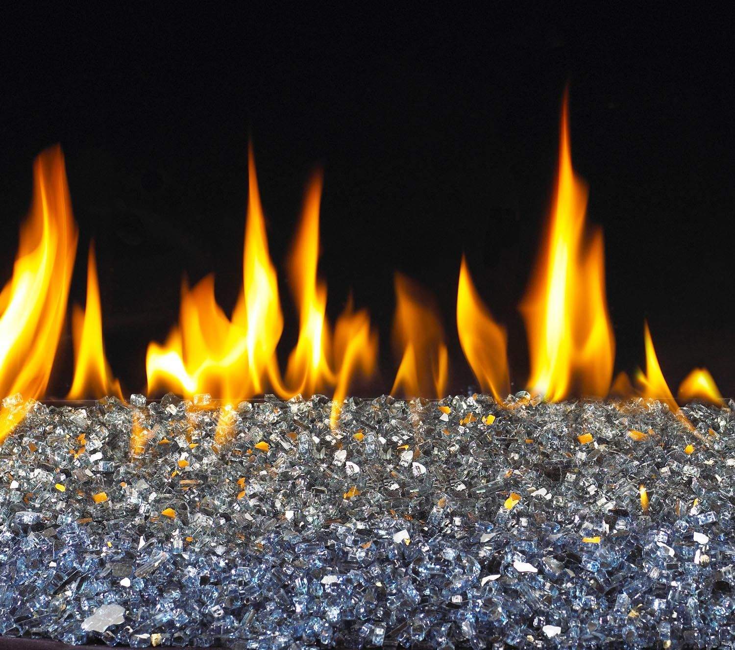 Vented glass burner kit with blue-silver glass bed and orange flame jets